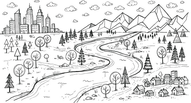 Natural landscape map panorama sketch featuring winding river valley mountains city skyline and rural countryside village