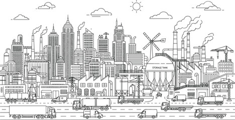 Obraz premium Industrial factory zone skyline background and heavy cargo truck logistics transportation vector linear outline illustration
