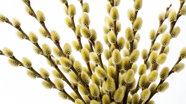 Fresh pussy willow branches with soft fuzzy catkins on white background. Spring willow buds grow on brown stems. Nature floral element for Easter decoration, seasonal plant botany, spring holiday