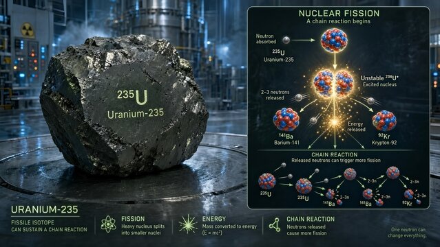 Laboratory sample of uranium 235 with a nuclear reactor background and a zoomed fission inset showing a neutron splitting u235 into barium and krypton with energy