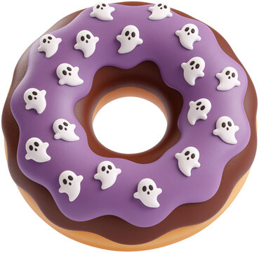 Cute 3D rendered purple glazed Halloween doughnut topped with mini white ghost sprinkles on isolated background