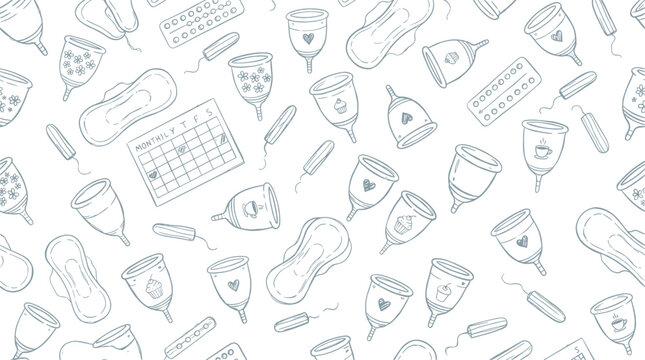 Feminine hygiene products seamless pattern hand drawn vector doodle background showing menstrual cups pads and tampons