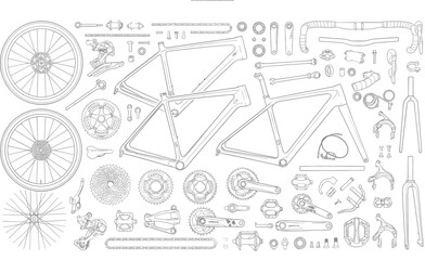 Fototapeta premium Bicycle components and spare parts layout vector outline drawing for repair maintenance workshop or cycling shop
