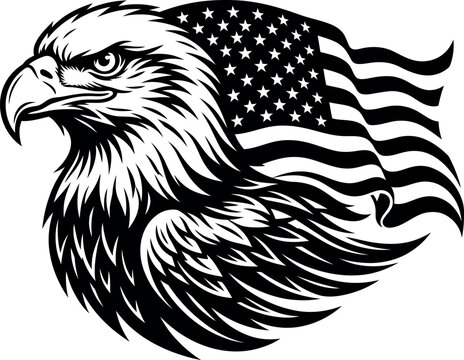 Patriotic american bald eagle with usa flag vector illustration, black and white logo icon