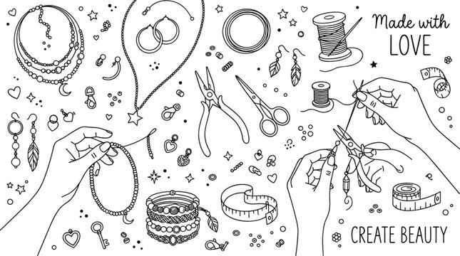 Handmade jewelry making process craft tools accessories and materials workshop hand drawn doodle sketch vector illustration