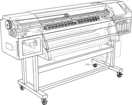 Industrial wide format plotter printer machine wireframe blueprint perspective vector illustration detailing printing mechanism and support stand