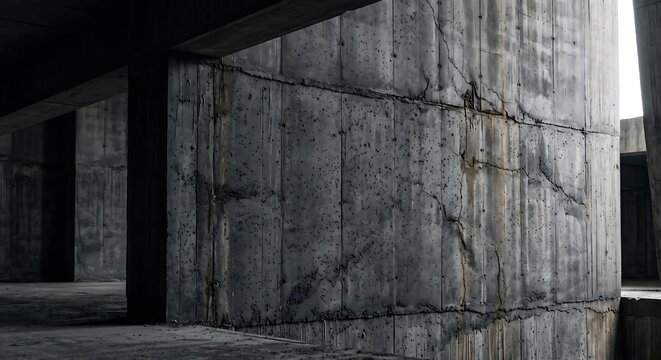 Old grey concrete wall with rough texture and deep shadows in a dark industrial construction building
