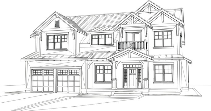 Modern craftsman suburban family house perspective sketch blueprint vector illustration featuring multi car garage and gabled rooflines
