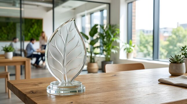 Transparent leaf shaped glass trophy standing on wooden office conference table