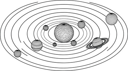Solar system wireframe model vector illustration showing planets orbiting sun in cosmic astronomical space science schematic chart © Bappi