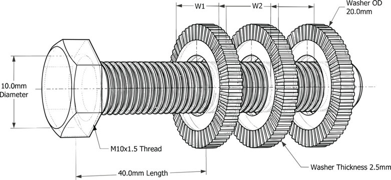 Industrial mechanical screw bolt and washers engineering technical diagram vector illustration with dimensional measurement labels and specifications