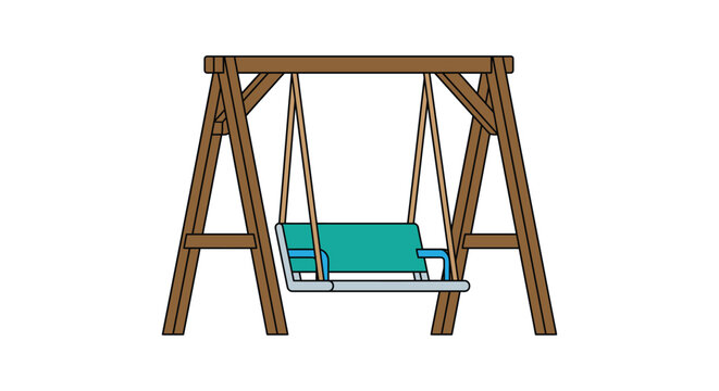 A wooden swing set with a teal seat is depicted in a flat vector illustration on a white background