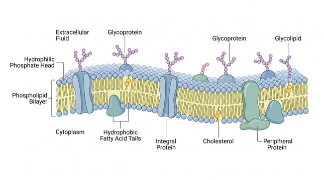 Diagram of cell membrane structure showing phospholipid bilayer and proteins