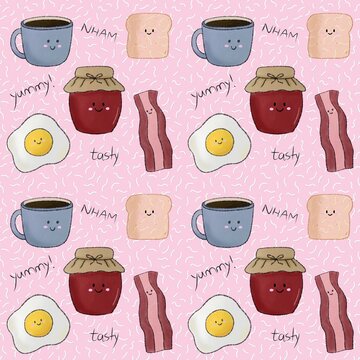 Set of cute breakfast foods seamless pattern background