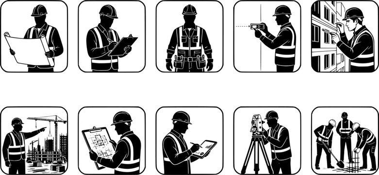 Civil engineer and site supervisor icon set featuring engineer reading blueprint writing on clipboard laser level surveyor theodolite land surveying construction site management in vector style isolat