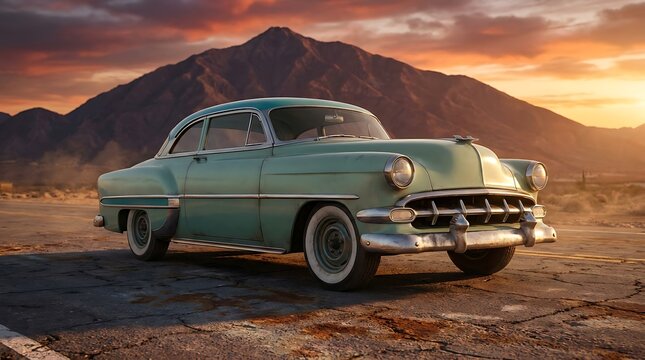 Vintage classic car parked on a desert road during a beautiful orange sunset with mountains in background
