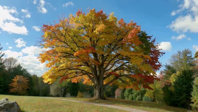 Gentle 4K autumn stock footage showing a broad leafy tree covered in rich golden leaves swaying in a mild breeze with a rustic dirt path winding beneath under a clear bright blue sky