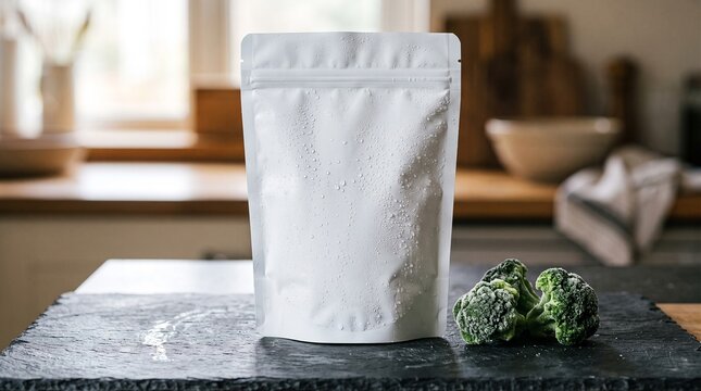 Blank White Stand Up Freezer Pouch with Frozen Broccoli Florets on Dark Slate Countertop
