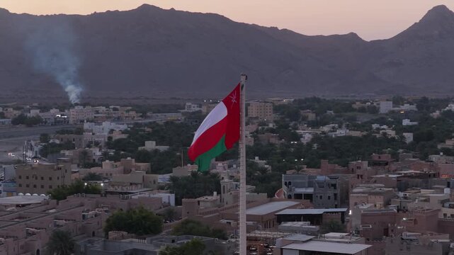 Aerial view of Nizwa Central Souq and town in Oman.