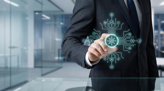 Businessperson interacting with a digital network interface in a modern office building