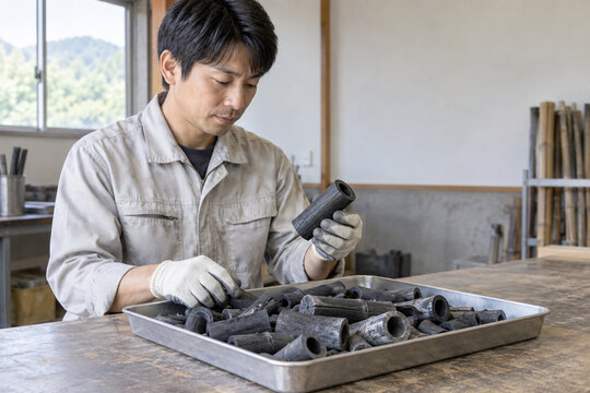 竹炭加工施設で袋詰め前の竹炭を確認する日本人男性作業員