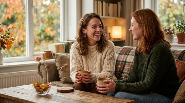 Two joyful female friends share a warm conversation while holding mugs of hot tea inside a comfortable living room space filled with natural sunlight and seasonal autumn foliage view near