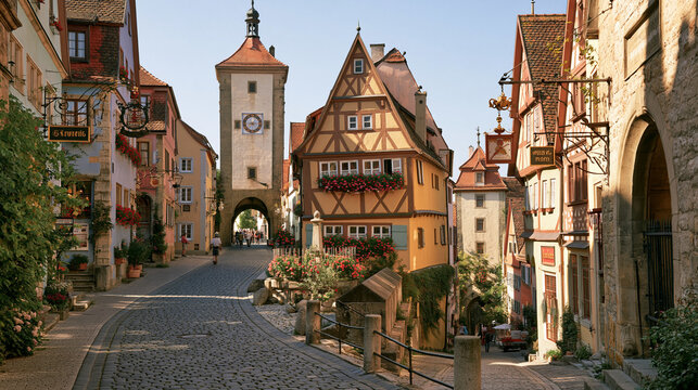 Picturesque medieval street in Rothenburg ob der Tauber with traditional timbered houses and clock tower. Ideal for travel marketing and European tourism concepts.