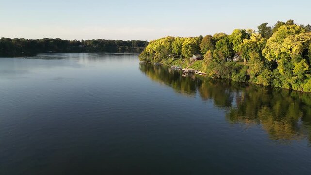 Aerial over Lake Chapin, a dammed lake along the St. Joseph's River. Near Berrien Springs, in Berrien County, within the Oronoko Charter Township, Michigan, United States. 