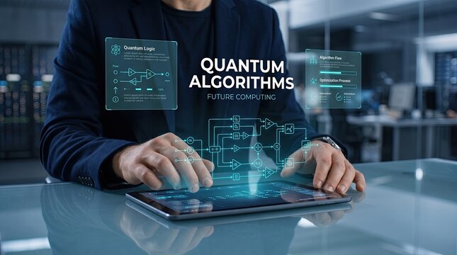 Person interacting with holographic display showing quantum algorithms and futuristic data streams