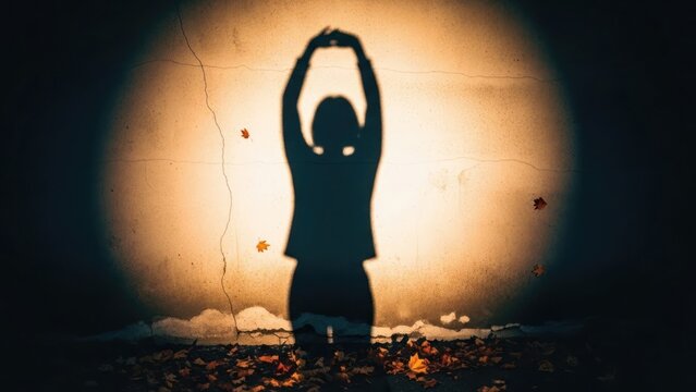 Shadow of a woman with arms raised, surrounded by falling leaves and light.