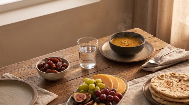 Ramadan iftar meal with dates and soup on a rustic wooden table at home