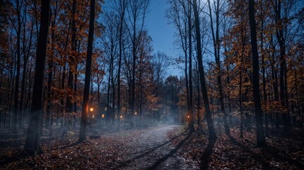 Fototapeta premium Autumn forest path at twilight with misty atmosphere and orange foliage