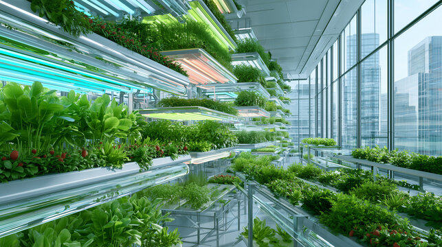 Vertical farm with fresh crops in modern urban indoor agriculture