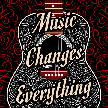 Elaborate Acoustic Guitar Shape Filled With Ornate Filigree Swirls And Floral Patterns On A Red Damask Background For Music Appreciation.