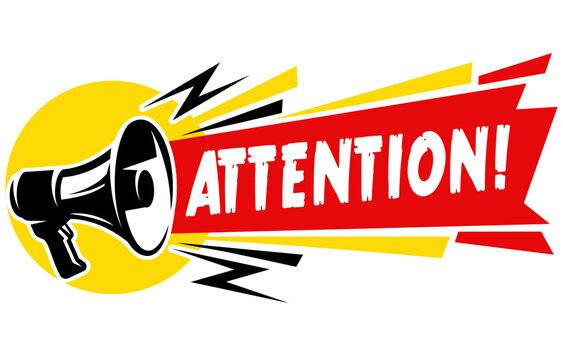Vector Illustration of A Megaphone On A Yellow Circle With Red Banner And Yellow Accents And Black Sound Lines.