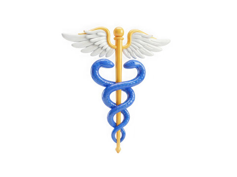 Medical caduceus symbol with golden staff and white wings isolated on transparent background