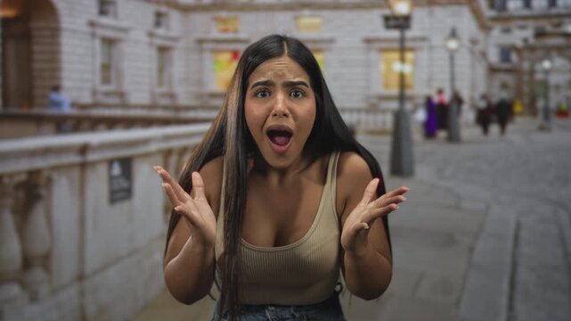 Hispanic woman with long hair raising both hands and open mouth in a shocked gesture on a cobblestone street beside a stone railing and lamppost; surprise confusion.