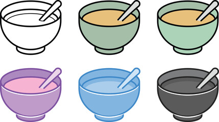 Fototapeta premium Colorful and Outline Vector Soup Bowl Icon Set Featuring Breakfast, Cereal, Porridge, and Dining Symbols for Kitchen Designs