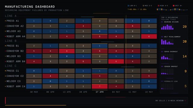 Explore a detailed manufacturing dashboard visualizing recurring equipment failures by production line with heat-map matrix and animated data for effective analysis.