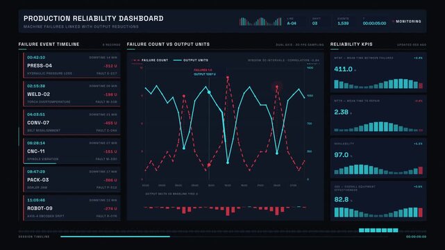 Production reliability dashboard visualizing machine failures and their impact on output reductions with animated graphs and KPI tiles in a sleek modern design.