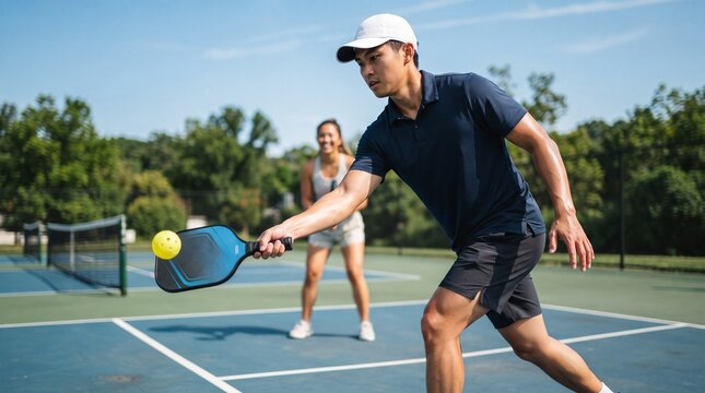 Man hitting pickleball with female partner on outdoor court