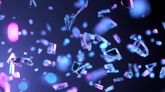 Slow motion shards of glass floating and rotating in neon lit dark studio space with bokeh highlights
