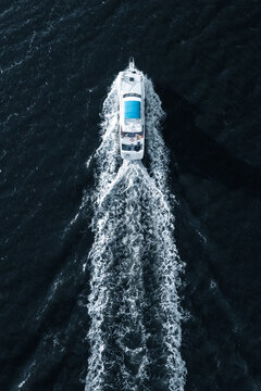 Drone View Of Sailing Motor Boat