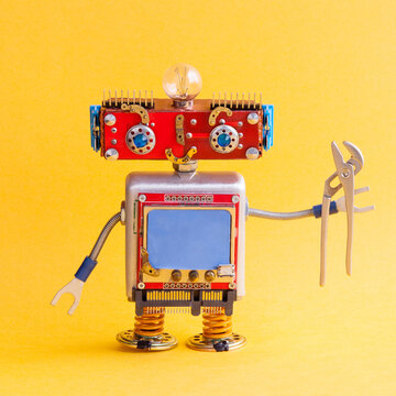 Steampunk handyman robot, pliers in hand, smiley red head, blue monitor body