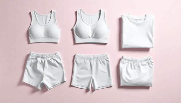 Neutral-toned women&rsquo;s loungewear set displayed flat on pastel background featuring matching bralettes and shorts.