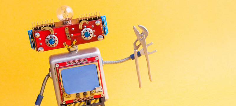 Steampunk handyman robot, pliers in hand, smiley red head, blue monitor body