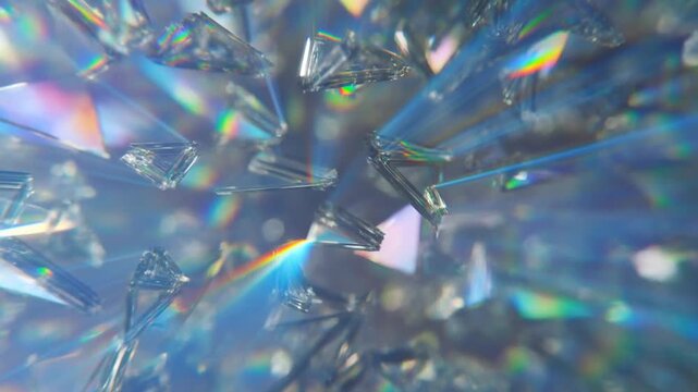 Slow motion floating crystal shards refracting rainbow light in macro studio abstract scene tracking shot