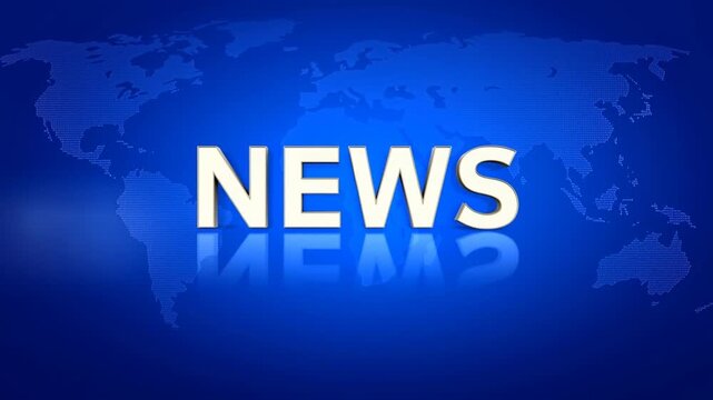 Static shot news text expanding and reflecting over blue world map broadcast background in studio graphic animation