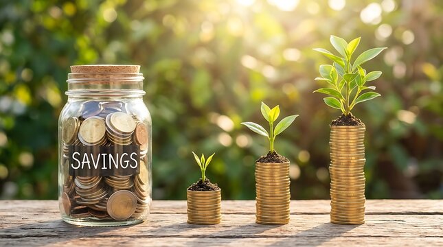 Glass jar filled with coins and growing plants symbolizes financial savings