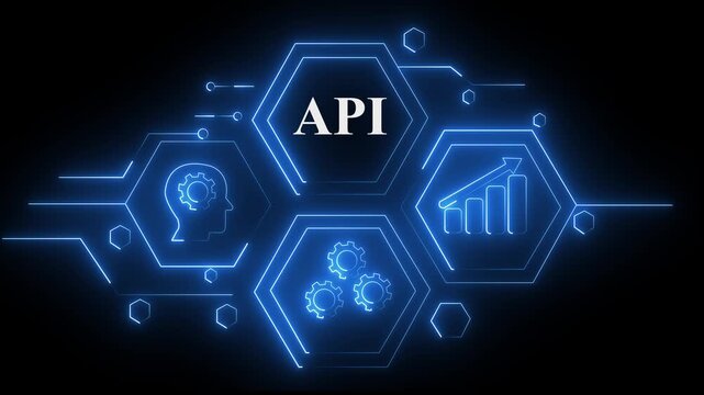 Abstract neon Hud knowledge ability business gear icon Glowing neon line concept. Glowing "API" button in German on a futuristic, abstract wave technology on black background. 